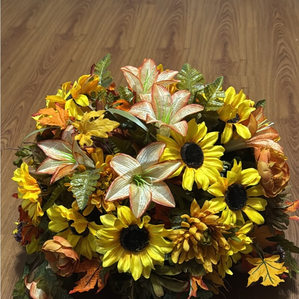 Autumn Harvest Floral Centerpiece with Sunflowers and Lilies